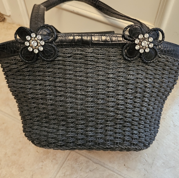 Brighton Handbags - Brighton Black Woven Tote with Rhinestone Flower Accents
